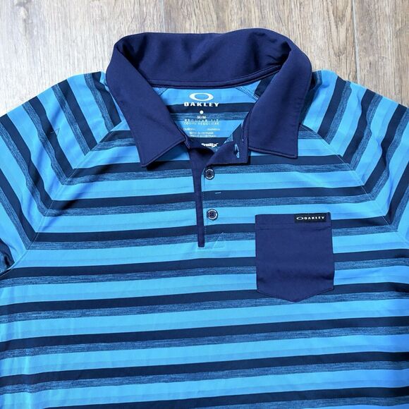 Oakley Polo Shirt Mens Medium Blue Striped HYDROLIX Performance Golf Regular Fit - Picture 1 of 8